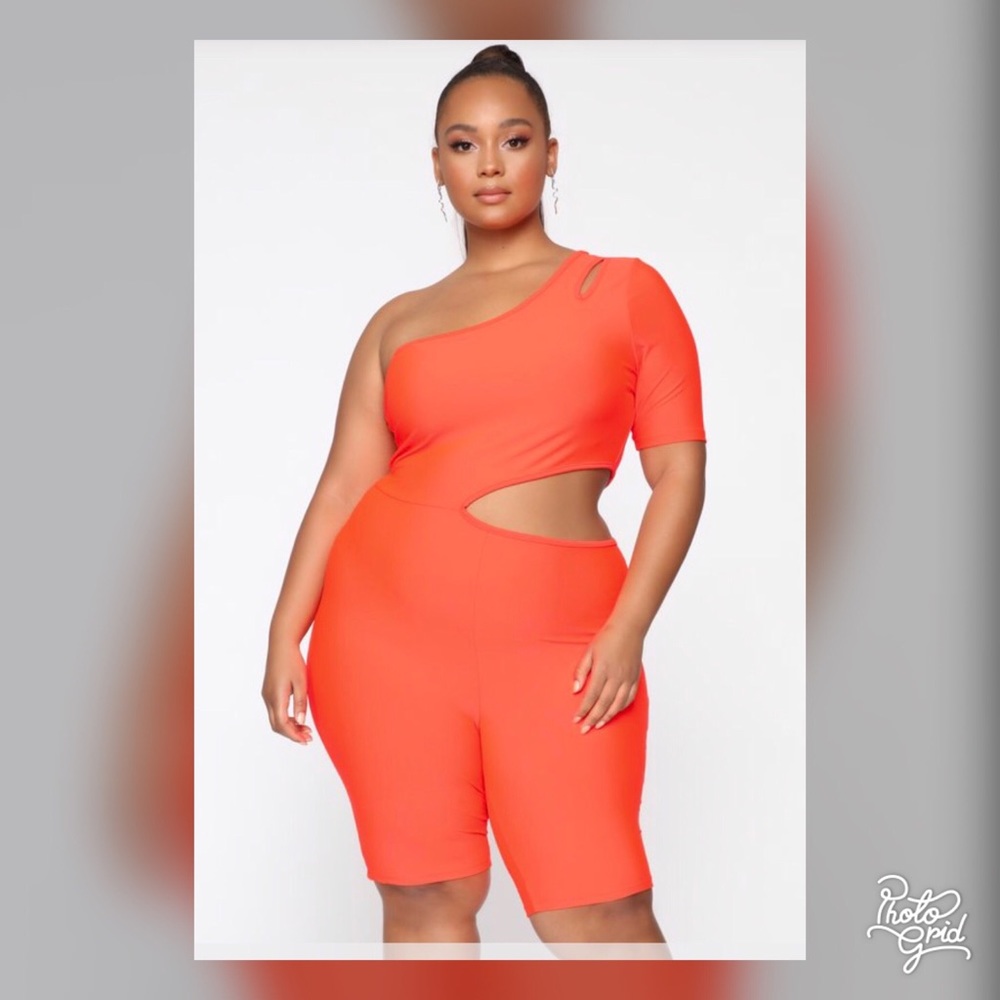 Fashion Nova Neon Orange Biker Short Romper